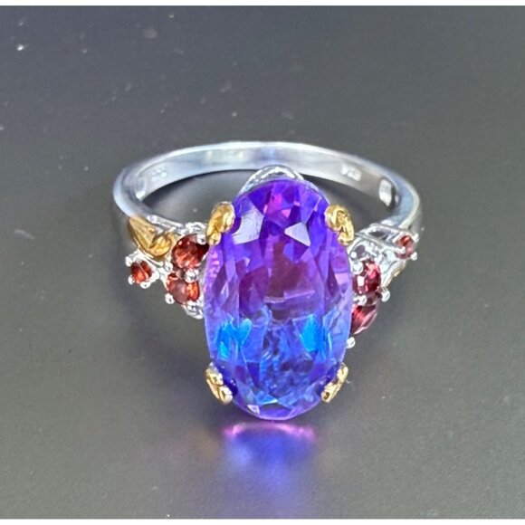 Rhodolite Garnet Silver Ring Gold Plated Accents Size 11 Oval Cut Elegant Design - Picture 4 of 8